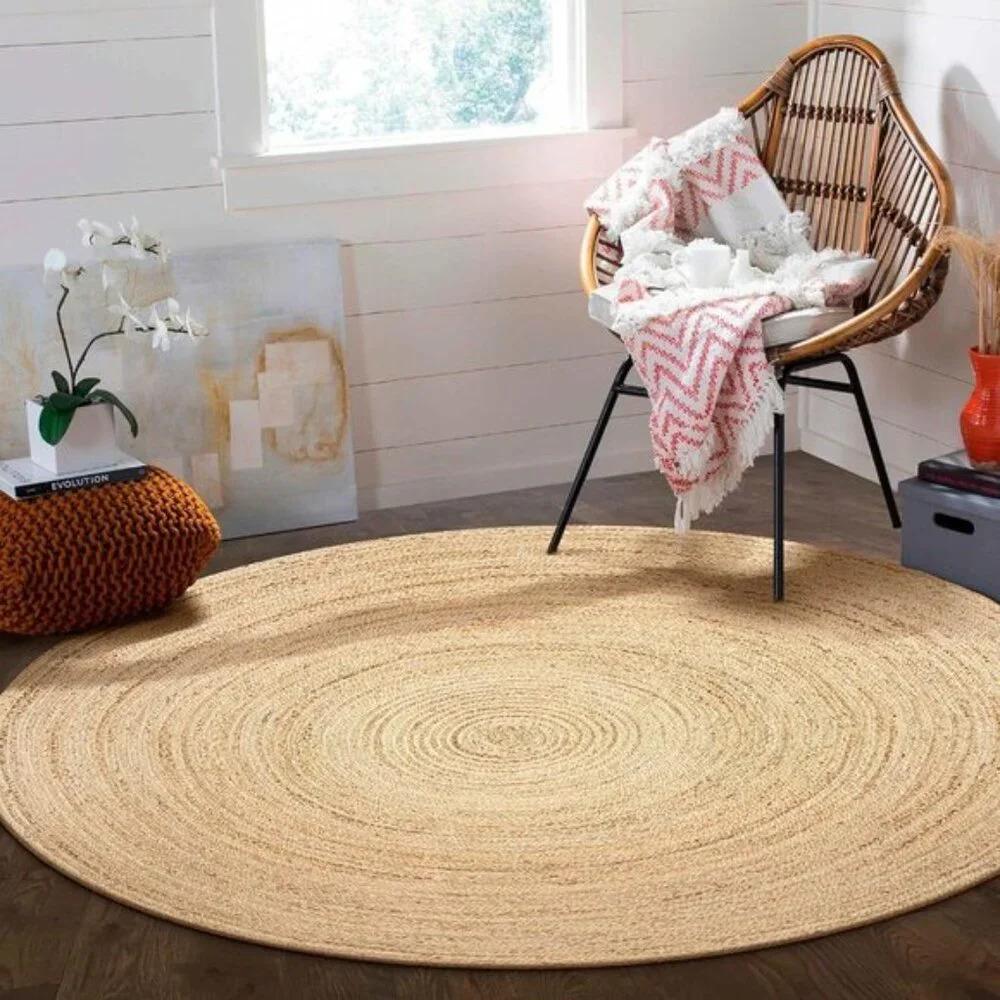New 5’ Round Hand-Woven Jute Rug, Natural Reversible Boho Braided Floor Carpet